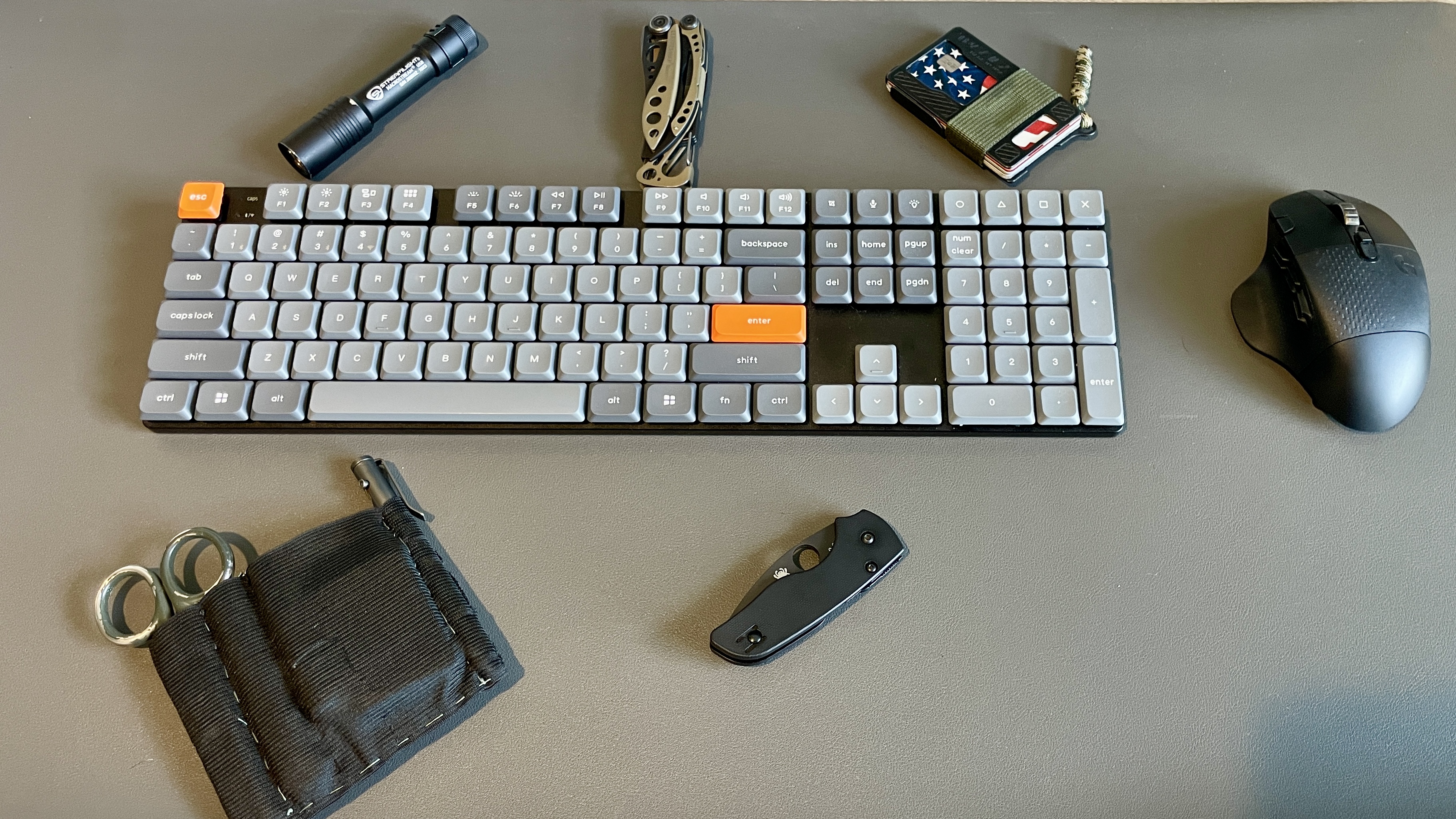 Keychron K5 Max overhead view with EDC gear