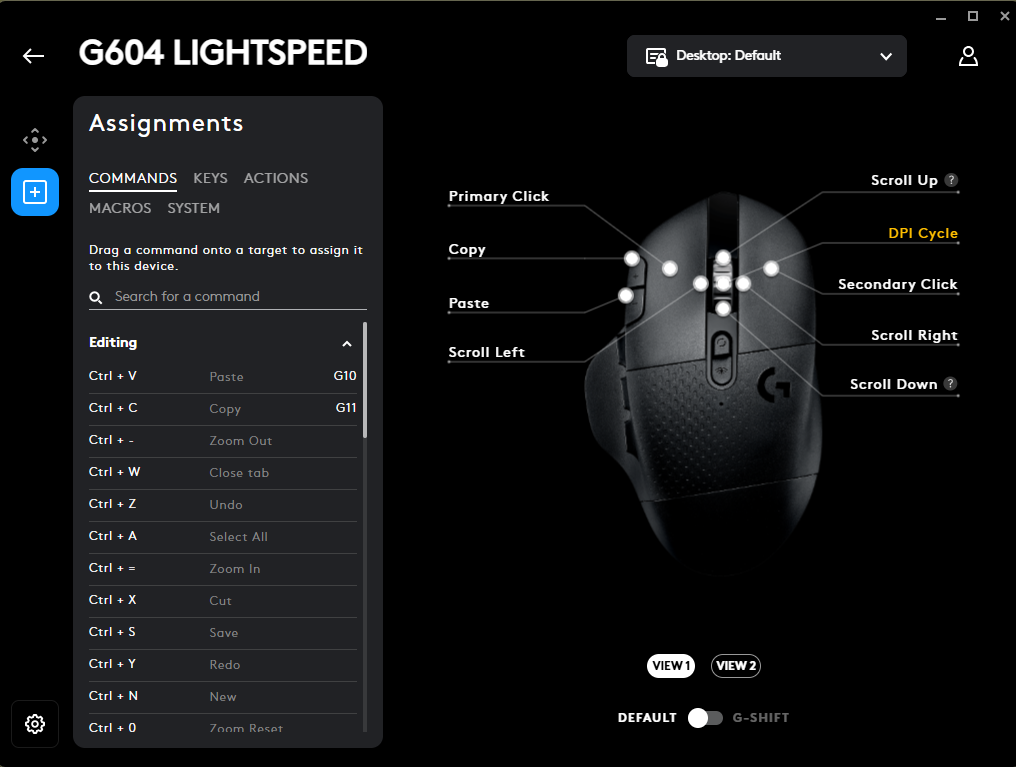 G Hub command assignments showing Copy and Paste mapped to G10 and G11