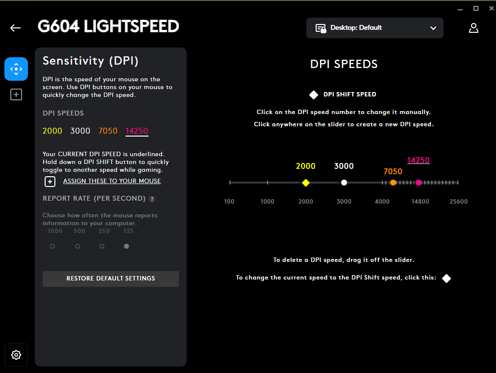 G Hub DPI settings panel showing multiple DPI speeds configured