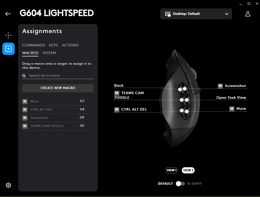 G Hub macro assignments for the G604 showing Teams Cam Toggle, Mute, Screenshot, and Ctrl+Alt+Del