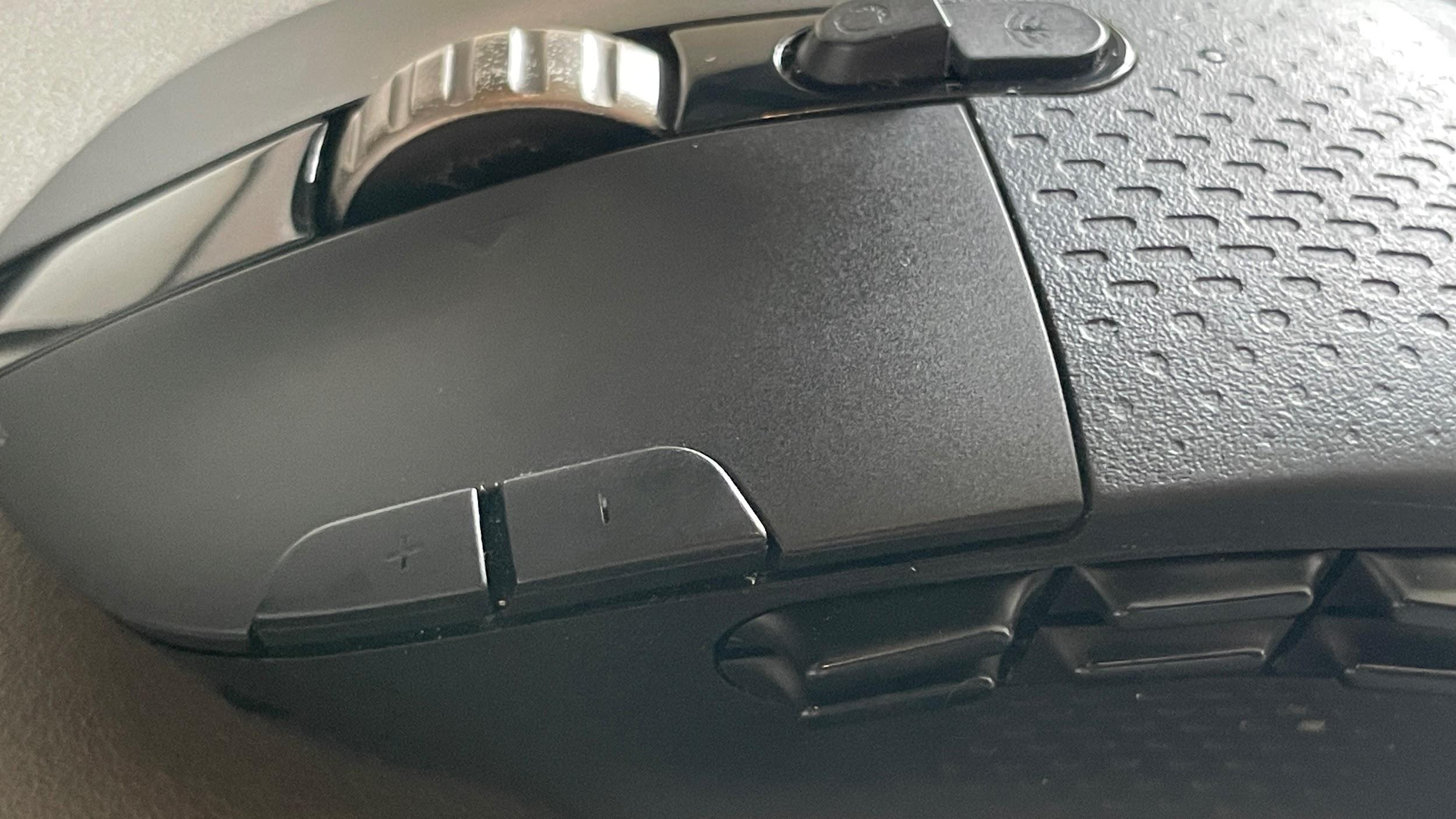 Close-up of the G604 plus and minus buttons mapped to Copy and Paste